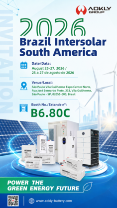 AOKLY Group at Brazil Intersolar South America 2026, booth B6.80C, showcasing solar batteries and energy storage solutions in São Paulo.